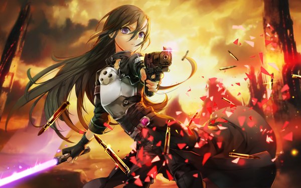 Anime picture 4800x3000 with sword art online a-1 pictures kirigaya kazuto wentirtongmo single long hair fringe highres black hair hair between eyes purple eyes looking away absurdres sky evening sunset arched back otoko no ko androgynous girl