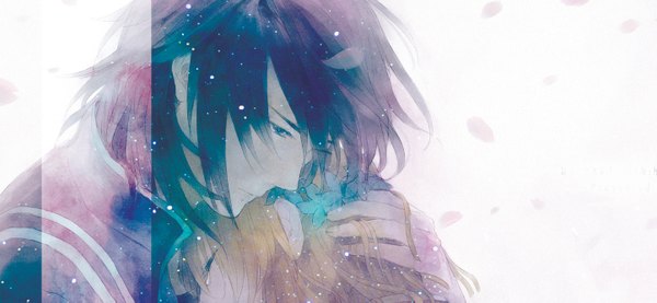 Anime picture 1444x669 with harukanaru toki no naka de katsuragi oshihito ashihara chihiro keipomjp blue eyes blonde hair simple background wide image white background blue hair eyes closed hug crying girl boy flower (flowers) petals