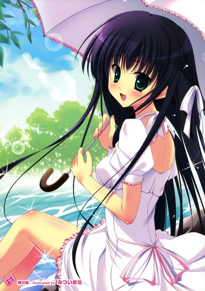 Anime picture 2539x3600 with girls, girls, girls! 11 (artbook) mitsumi misato single long hair tall image looking at viewer blush highres open mouth black hair sitting green eyes sky cloud (clouds) scan official art girl dress water umbrella
