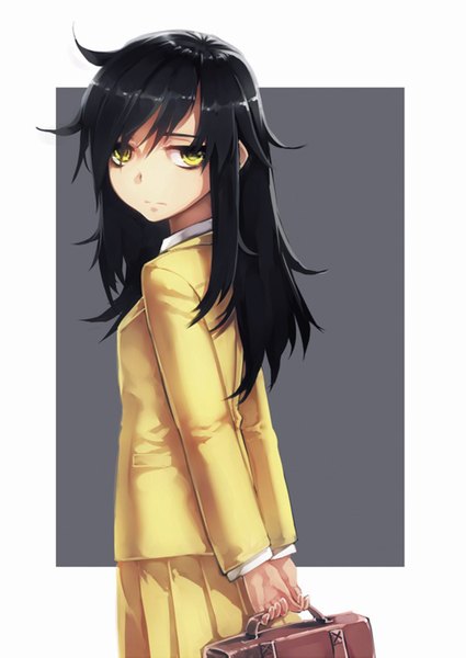 Anime picture 1000x1413 with watashi ga motenai no wa dou kangaetemo omaera ga warui! silver link kuroki tomoko siqi (miharuu) single long hair tall image looking at viewer black hair simple background green eyes looking back hands behind back sad girl skirt uniform school uniform school bag yellow skirt