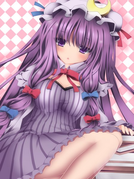 Anime picture 1200x1600 with touhou patchouli knowledge bunchin (siso junzy) single long hair tall image looking at viewer blush open mouth purple eyes purple hair crescent girl dress bow hair bow book (books) bonnet