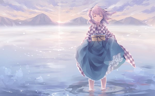 Anime picture 1496x934 with touhou motoori kosuzu toutenkou single fringe short hair smile wide image standing payot pink hair cloud (clouds) eyes closed long sleeves traditional clothes japanese clothes wind sunlight wide sleeves sparkle