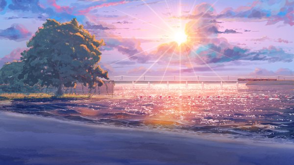 Anime picture 1920x1080 with everlasting summer iichan eroge arsenixc vvcephei highres wide image game cg sunlight wallpaper no people landscape scenic morning collaboration plant (plants) tree (trees) water sea sun bridge