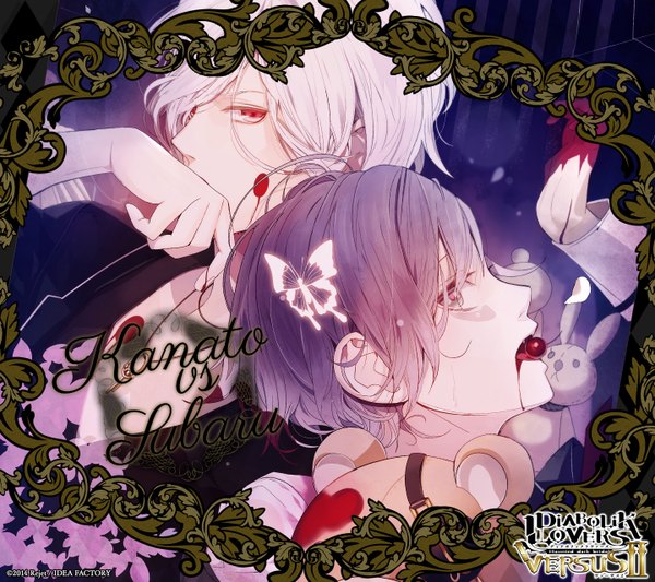 Anime picture 1440x1280 with diabolik lovers idea factory sakamaki subaru sakamaki kanato satoi (artist) short hair open mouth blonde hair red eyes purple hair teeth fang (fangs) vampire boy food pendant insect butterfly blood toy