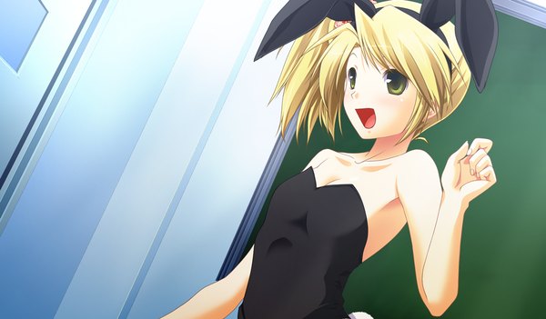 Anime picture 1024x600 with akikaze personal (game) short hair open mouth blonde hair wide image green eyes game cg bunny ears girl