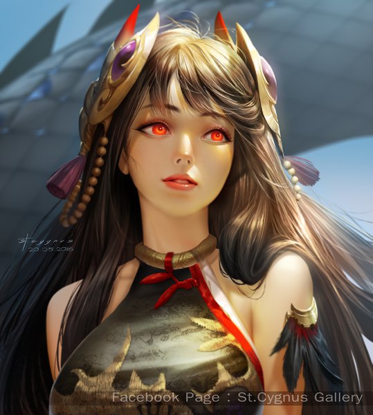 Anime picture 1405x1564 with seven knights rin (seven knights) stcygnus long hair tall image black hair red eyes brown hair bare shoulders signed looking away upper body parted lips sunlight lipstick watermark dated gradient hair eyeshadow red lipstick