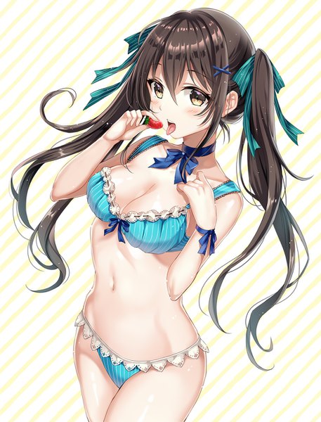 Anime picture 1000x1312 with original harimoji single long hair tall image blush fringe breasts open mouth light erotic simple background hair between eyes brown hair large breasts standing twintails bare shoulders brown eyes looking away cleavage