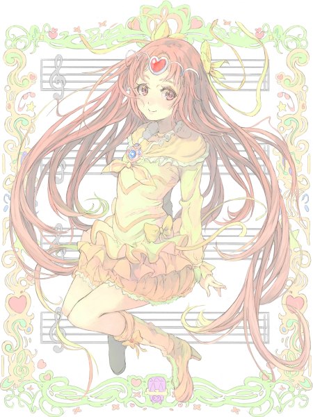 Anime picture 900x1200 with precure suite precure toei animation shirabe ako cure muse (yellow) fairy tone dodory toromi chuka single tall image blush smile red eyes looking away red hair very long hair treble clef girl dress bow