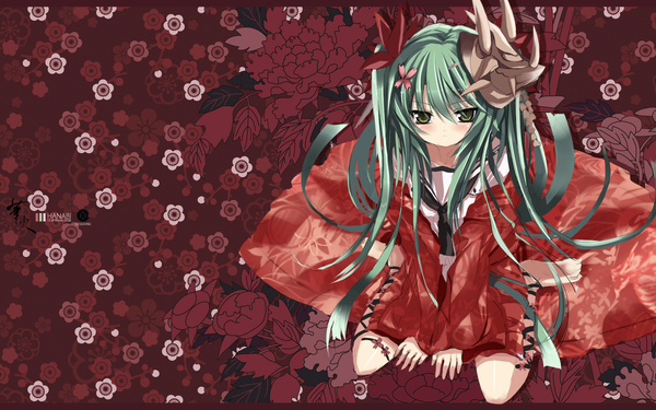 Anime picture 1920x1200 with shino (eefy) blush highres wide image green eyes japanese clothes green hair wallpaper kimono