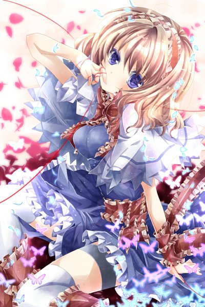 Anime picture 700x1050 with touhou alice margatroid nanase nao single tall image looking at viewer blush short hair blue eyes blonde hair girl thighhighs dress petals white thighhighs frills insect butterfly thread red thread