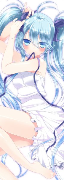 Anime picture 361x1000 with denpa onna to seishun otoko shaft (studio) touwa erio 108 gou single tall image looking at viewer blush simple background white background twintails holding ahoge very long hair barefoot aqua eyes aqua hair shiny skin mouth hold ribbon in mouth