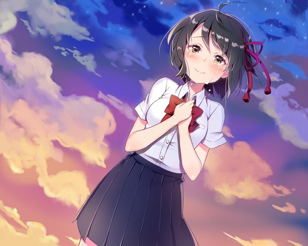 Anime picture 1131x905 with kimi no na wa miyamizu mitsuha goyain single looking at viewer blush fringe short hair brown hair standing brown eyes cloud (clouds) ahoge outdoors pleated skirt wind short sleeves dutch angle tears evening