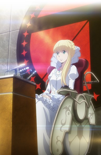 Anime picture 840x1290 with aldnoah.zero a-1 pictures asseylum vers allusia single long hair tall image blue eyes blonde hair sitting spoilers girl dress microphone