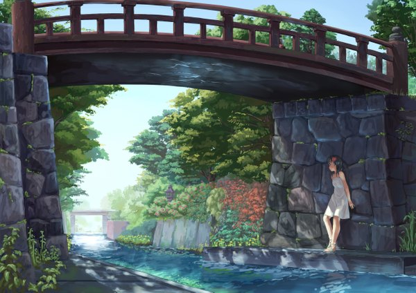 Anime picture 2480x1753 with original eichisu single highres hair flower landscape summer river girl hair ornament plant (plants) tree (trees) water sundress sandals bridge