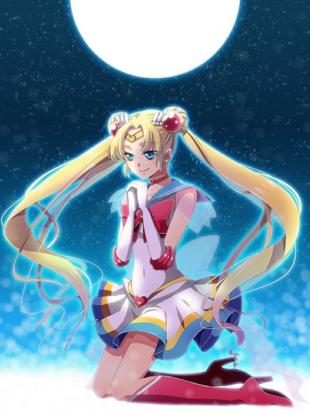 Anime picture 750x1000 with bishoujo senshi sailor moon toei animation tsukino usagi sailor moon kuko (endless-repeat) single tall image blue eyes blonde hair smile twintails very long hair girl gloves hair ornament boots moon sailor suit