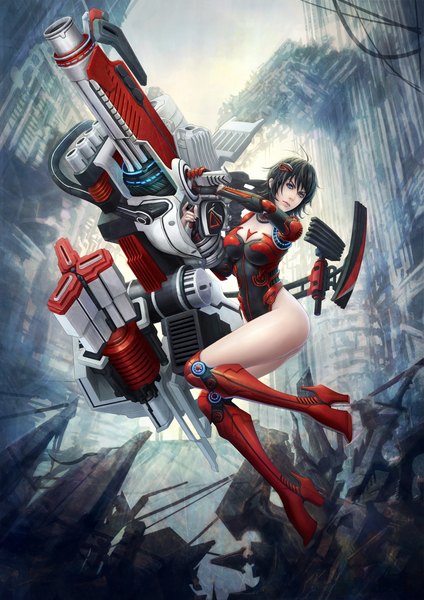 Anime picture 1200x1697 with original eat0123 single tall image short hair blue eyes black hair ruins destruction post-apocalyptic futuristic girl hair ornament weapon hairclip thigh boots bodysuit huge weapon