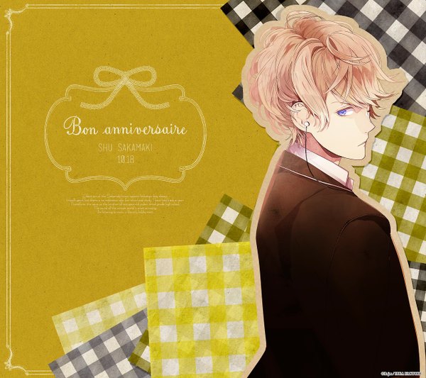 Anime picture 1280x1138 with diabolik lovers idea factory sakamaki shuu satoi (artist) single short hair blue eyes blonde hair looking away inscription turning head happy birthday boy uniform bow school uniform headphones