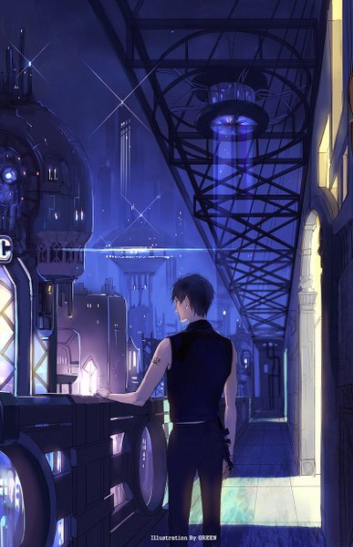 Anime picture 800x1241 with green (pixiv) single tall image short hair black hair signed from behind night tattoo back city lights boy weapon bracelet gun building (buildings) vest