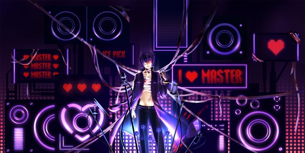 Anime picture 1920x965 with original vocaloid taito (vocaloid) spodum single fringe highres short hair smile wide image standing purple hair open clothes orange eyes glowing glowing eye (eyes) muscle bandage over one eye boy navel