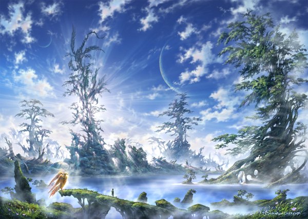 Anime picture 1350x962 with original shirakaba toshiharu (artist) sky cloud (clouds) sunlight landscape fantasy nature girl flower (flowers) plant (plants) animal tree (trees) water bird (birds) moon grass forest