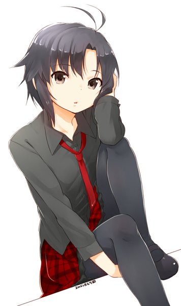 Anime picture 600x1009 with idolmaster kikuchi makoto nagian single tall image looking at viewer blush fringe short hair open mouth black hair simple background white background sitting ahoge head tilt black eyes dated hand on head girl