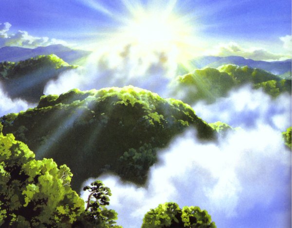 Anime picture 1200x939 with mononoke hime studio ghibli kazuo oga sky cloud (clouds) sunlight scan official art light mountain no people landscape summer nature plant (plants) tree (trees) branch forest sun