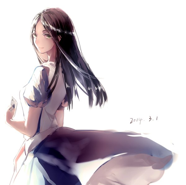 Anime picture 1511x1500 with american mcgee's alice (game) alice: madness returns alice (american mcgee's) hug (yourhug) single long hair looking at viewer black hair simple background smile standing white background holding green eyes light smile inscription girl dress apron card (cards)
