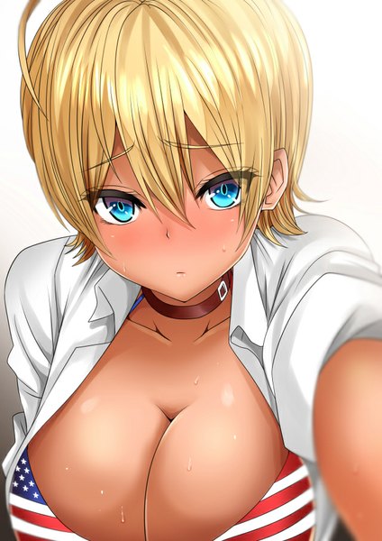 Anime picture 640x905 with shokugeki no soma j.c. staff mito ikumi inu (marukome) single tall image looking at viewer fringe short hair breasts blue eyes light erotic simple background blonde hair large breasts white background girl collar bikini top