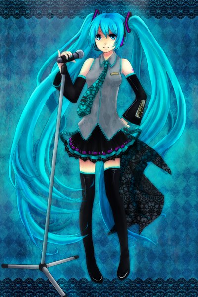 Anime picture 1000x1500 with vocaloid hatsune miku oblivious7 single tall image twintails very long hair aqua eyes aqua hair zettai ryouiki girl thighhighs skirt black thighhighs detached sleeves miniskirt necktie headphones microphone stand