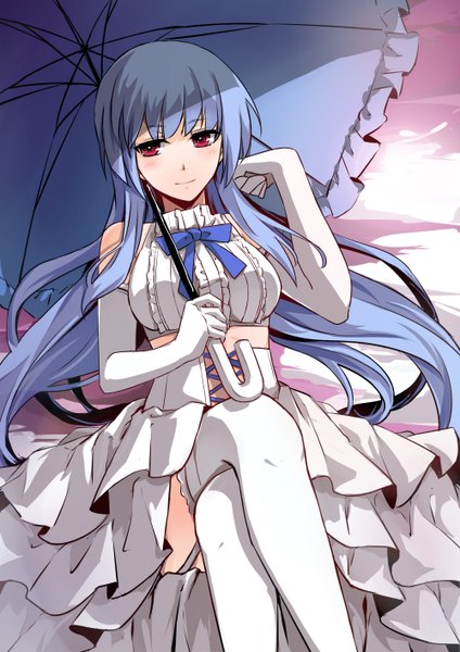 Anime picture 1000x1414 with original sindre (artist) single long hair tall image looking at viewer blush red eyes blue hair girl thighhighs dress gloves white thighhighs elbow gloves umbrella