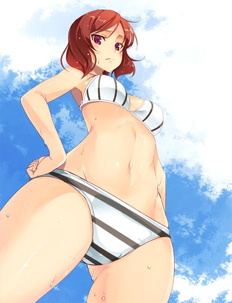 Anime picture 612x800 with love live! school idol project sunrise (studio) love live! nishikino maki ajishio single tall image blush fringe short hair breasts light erotic hair between eyes standing purple eyes bare shoulders sky cloud (clouds) outdoors red hair