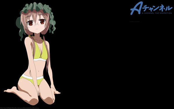 Anime picture 2560x1600 with a channel tennouji nagisa single long hair highres simple background red eyes brown hair wide image braid (braids) inscription twin braids hieroglyph black background girl navel swimsuit glasses
