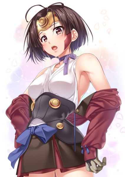 Anime picture 1200x1697 with koutetsujou no kabaneri wit studio mumei (kabaneri) chobipero single tall image blush short hair open mouth black hair red eyes girl gloves hair ornament petals