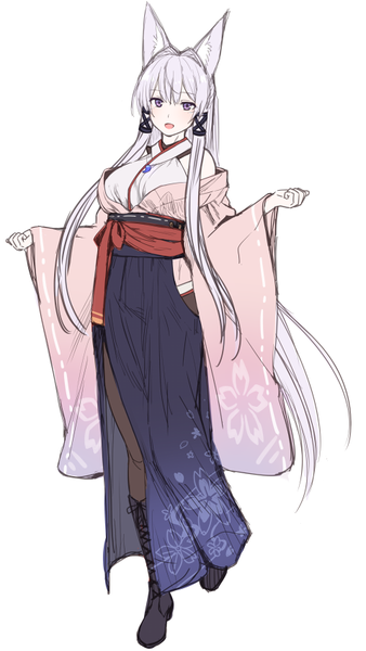 Anime picture 480x850 with original tamamo (yagi) yagi (ningen) single tall image fringe breasts open mouth simple background hair between eyes large breasts standing white background purple eyes animal ears payot full body white hair long sleeves very long hair