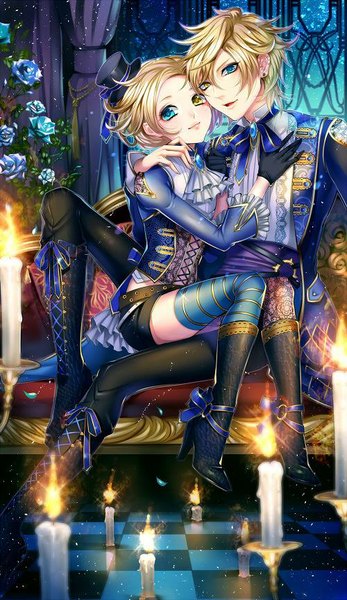 Anime picture 500x864 with original matsurika youko tall image looking at viewer short hair blue eyes blonde hair sitting yellow eyes bent knee (knees) aqua eyes light smile high heels couple hug heterochromia leg lift (legs lift) lacing checkered floor floor