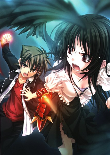 Anime picture 4289x6022 with highschool dxd raynare (dxd) hyoudou issei miyama zero long hair tall image fringe highres short hair breasts open mouth black hair brown hair brown eyes absurdres open clothes open shirt holding hands black wings angel