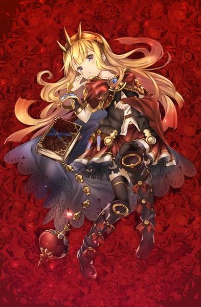 Anime picture 732x1116 with granblue fantasy cagliostro (granblue fantasy) kawakami shuuichi single long hair tall image looking at viewer blonde hair bent knee (knees) lying :o from below zettai ryouiki looking up red background girl dress bow shoes boots