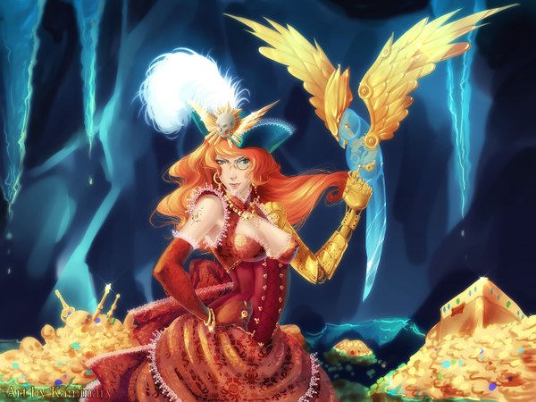 Anime picture 1600x1200 with original kaminary single long hair breasts light erotic bare shoulders green eyes signed orange hair girl dress gloves hat earrings animal elbow gloves bracelet bird (birds) jewelry