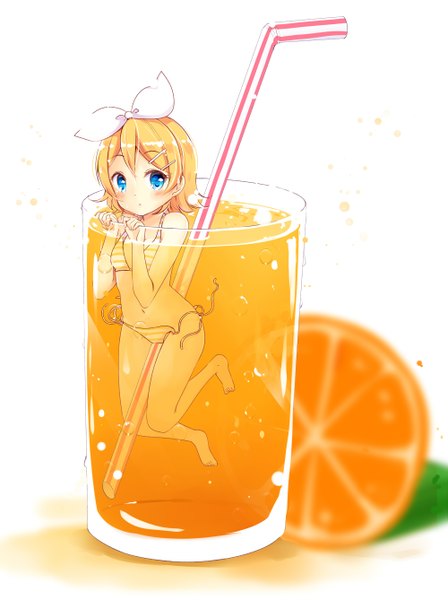 Anime picture 1000x1337 with vocaloid kagamine rin hazuki natsu single tall image looking at viewer fringe short hair light erotic simple background blonde hair white background bare shoulders bent knee (knees) barefoot blurry bare belly bare legs minigirl girl