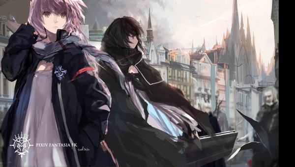 Anime picture 2500x1417 with original pixiv fantasia pixiv fantasia fallen kings paradise (character) swd3e2 long hair highres black hair wide image multiple girls brown eyes looking away purple hair girl dress 2 girls animal scarf bird (birds) castle