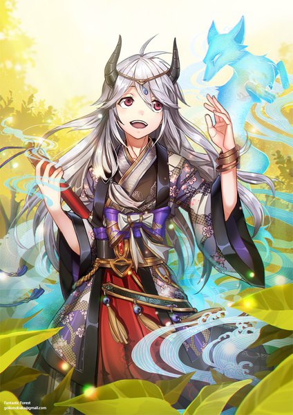 Anime picture 707x1000 with original goku-no-baka long hair tall image fringe open mouth smile hair between eyes holding signed looking away silver hair ahoge outdoors traditional clothes japanese clothes pink eyes horn (horns) wide sleeves watermark