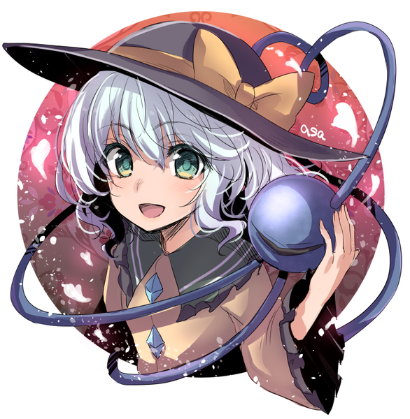Anime picture 787x806 with touhou komeiji koishi asa (coco) single long hair tall image fringe open mouth hair between eyes white background green eyes signed looking away white hair :d heart of string girl hat petals heart