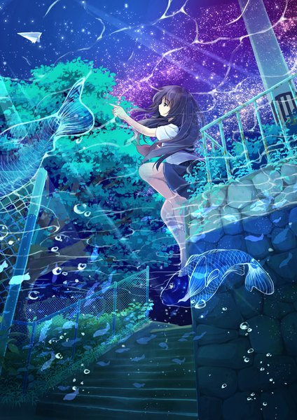 Anime picture 600x849 with original niichi (komorebi-palette) long hair tall image black hair bent knee (knees) profile barefoot black eyes night night sky fantasy girl uniform plant (plants) school uniform animal tree (trees) star (stars) bubble (bubbles)