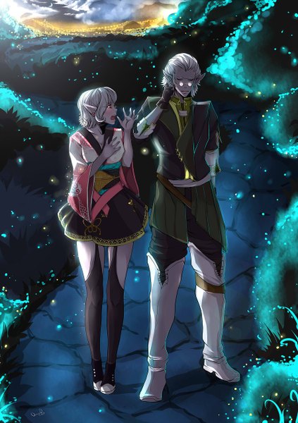 Anime picture 900x1275 with final fantasy square enix takumy tall image short hair red eyes standing cloud (clouds) white hair eyes closed pointy ears grey hair night night sky couple siblings crescent city lights talking girl
