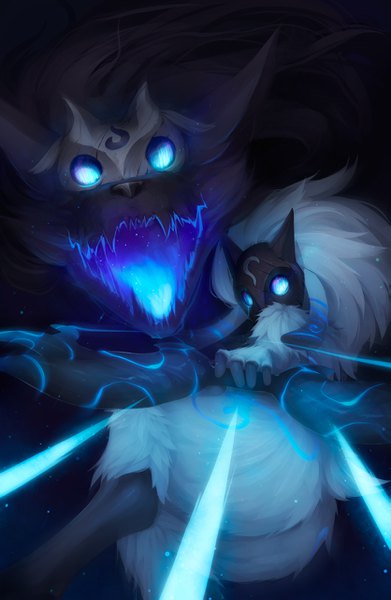 Anime picture 835x1280 with league of legends kindred (league of legends) lamb (league of legends) ricegnat tall image looking at viewer open mouth holding magic glowing dark background glowing eye (eyes) no people archery weapon mask bow (weapon) flame creature
