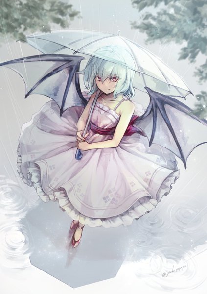 Anime picture 722x1023 with touhou remilia scarlet yuki (popopo) single tall image fringe short hair smile hair between eyes red eyes bare shoulders signed full body from above aqua hair twitter username rain transparent umbrella girl dress