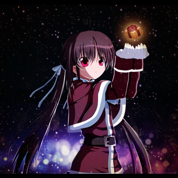 Anime picture 1023x1023 with original minatosama207 single long hair fringe smile brown hair twintails pink eyes coloring light snowing letterboxed winter city lights girl gloves ribbon (ribbons) hair ribbon belt