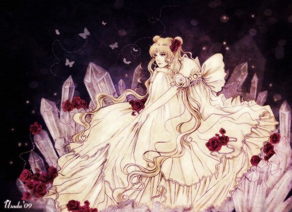 Anime picture 1025x744 with bishoujo senshi sailor moon toei animation tsukino usagi princess serenity red priest usada single long hair blonde hair sitting twintails bare shoulders signed hair flower dark background crescent girl dress hair ornament flower (flowers) bow