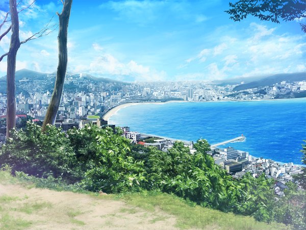 Anime picture 1024x768 with lovely x cation 2 hibiki works game cg sky cloud (clouds) city mountain landscape plant (plants) tree (trees) house