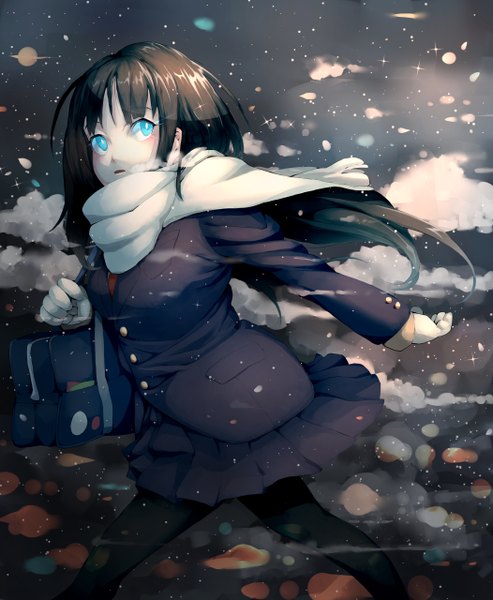 Anime picture 1052x1280 with original ginshio single long hair tall image blush fringe blue eyes black hair cloud (clouds) parted lips pleated skirt running girl skirt gloves uniform school uniform white gloves scarf